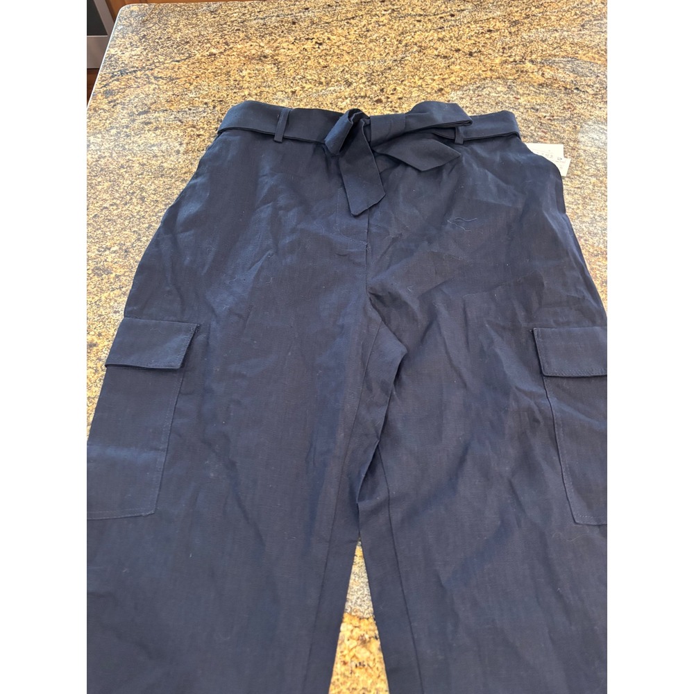 NWT Zara Linen Blend Cargo Pants Tie Waist Relaxed Fit Cropped Blue Small